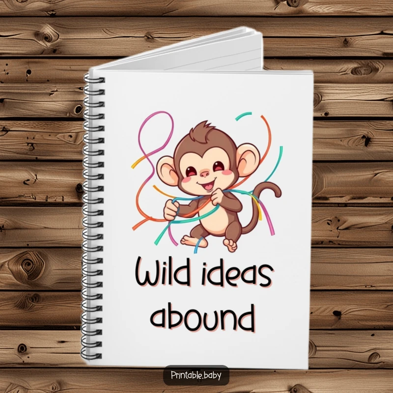 Funny monkey notebook with a playful monkey tangled in colorful streamers, ideal for jotting down fun ideas.