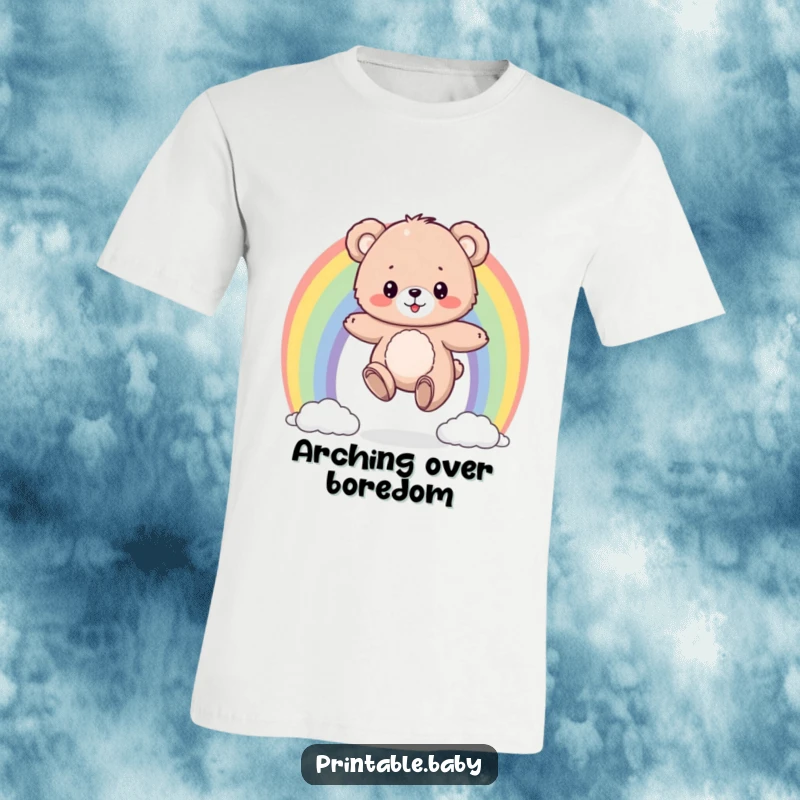 Funny t-shirt with a fluffy bear cub happily bouncing on a colorful rainbow, a symbol of pure joy and playful adventure.