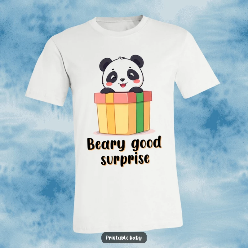 Funny T-shirt with a cheerful panda bear peeking out from a large, colorful gift box, embodying surprise and playful joy.