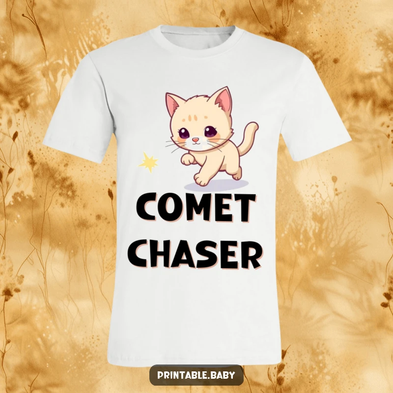 Funny t-shirt depicting a curious kitten enthusiastically chasing a dazzling, sparkly comet tail through space.