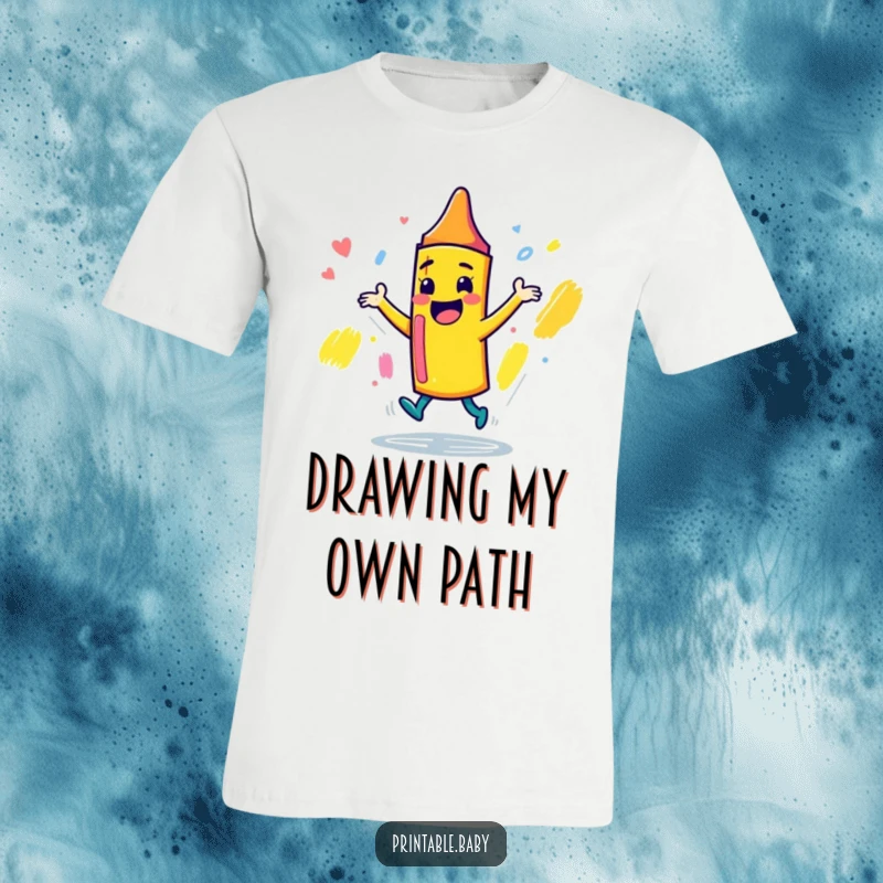 Funny playful crayon character t-shirt, dancing joyfully around a sketchbook, ideal for expressing artistic flair and a love for creativity.