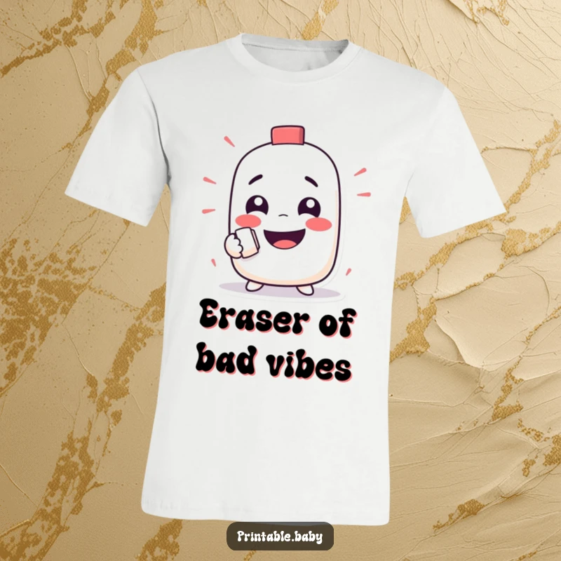 Funny t-shirt featuring a mischievous eraser character joyfully rubbing out a goofy face, showcasing playful deletion.