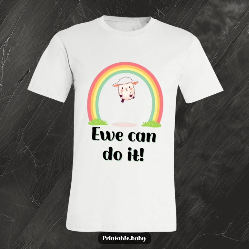 Funny T-shirt showing a happy sheep leaping over a colorful rainbow arch, embodying joy, freedom, and positive energy.