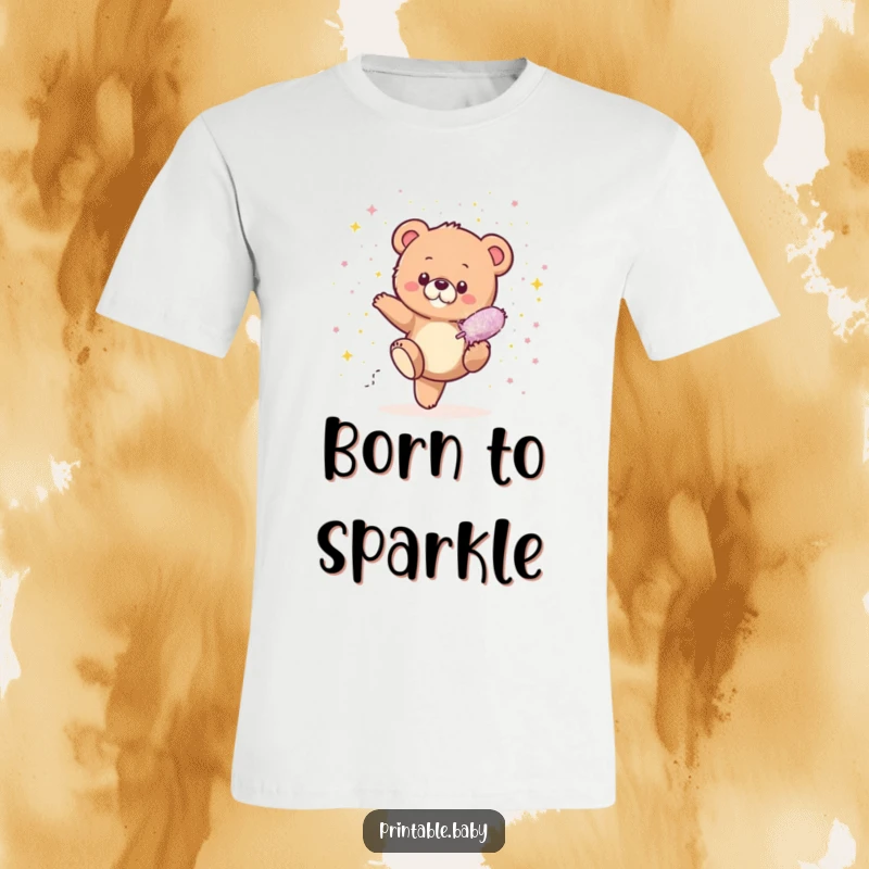 Funny Bear Cub Glitter T-Shirt showing a tiny bear cub kicking a giant glitter bomb, gleefully covered in a spectacular shower of sparkling confetti.