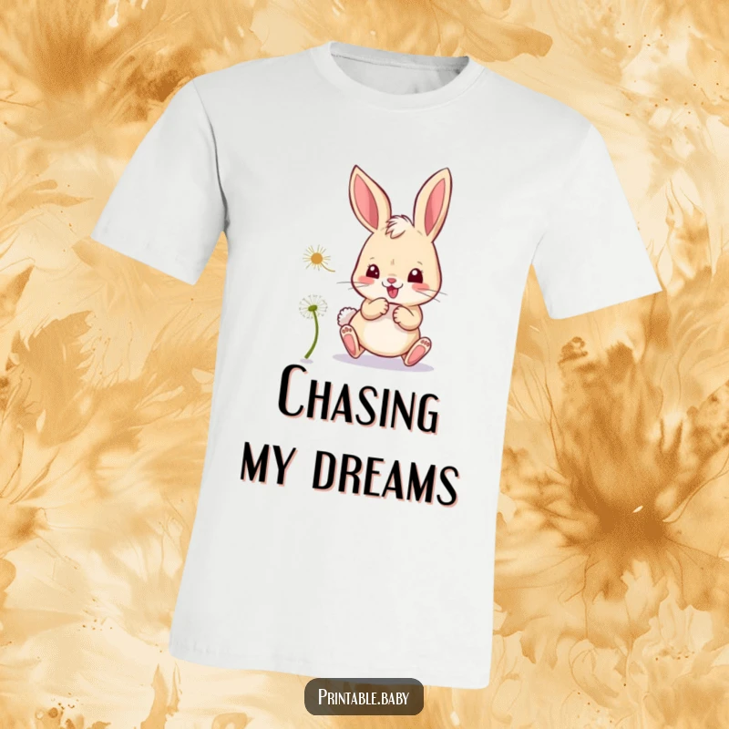 Funny bunny t-shirt, a mischievous bunny playfully chasing a floating dandelion seed with joy.