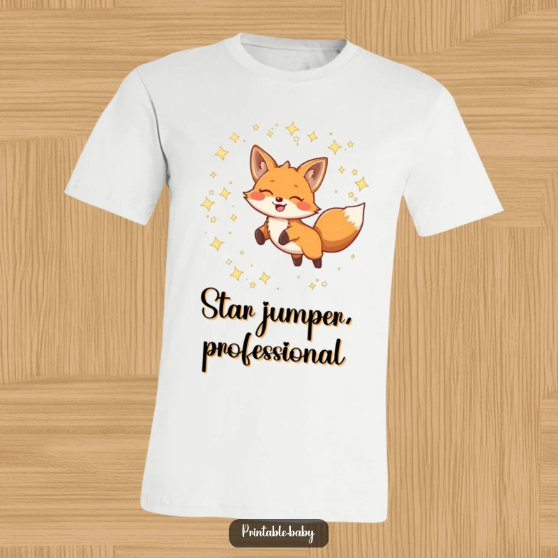 Funny T-Shirt with a smiling fox dynamically leaping through a field of twinkling constellations, radiating joy and cosmic exploration.