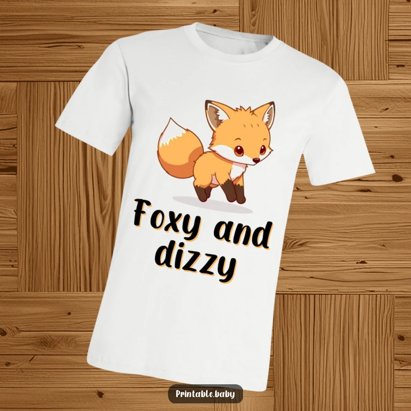 Funny fox cub t-shirt, a playful animal chasing its tail, cute and humorous design for nature lovers.