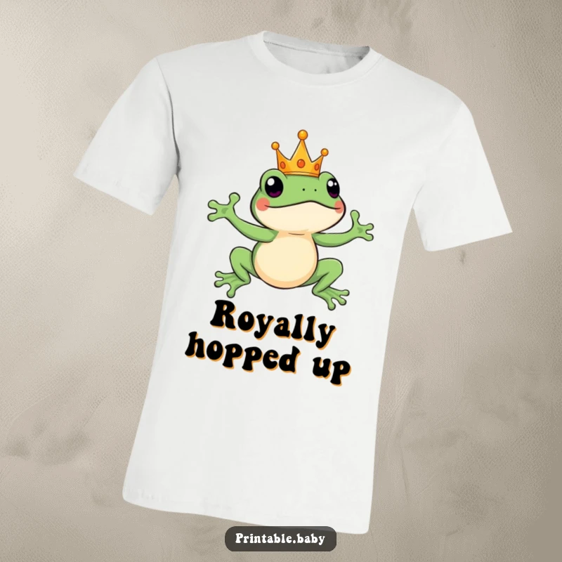 Funny leaping frog wearing a tiny crown, captured in a dynamic leap, a humorous t-shirt for a regal spirit.