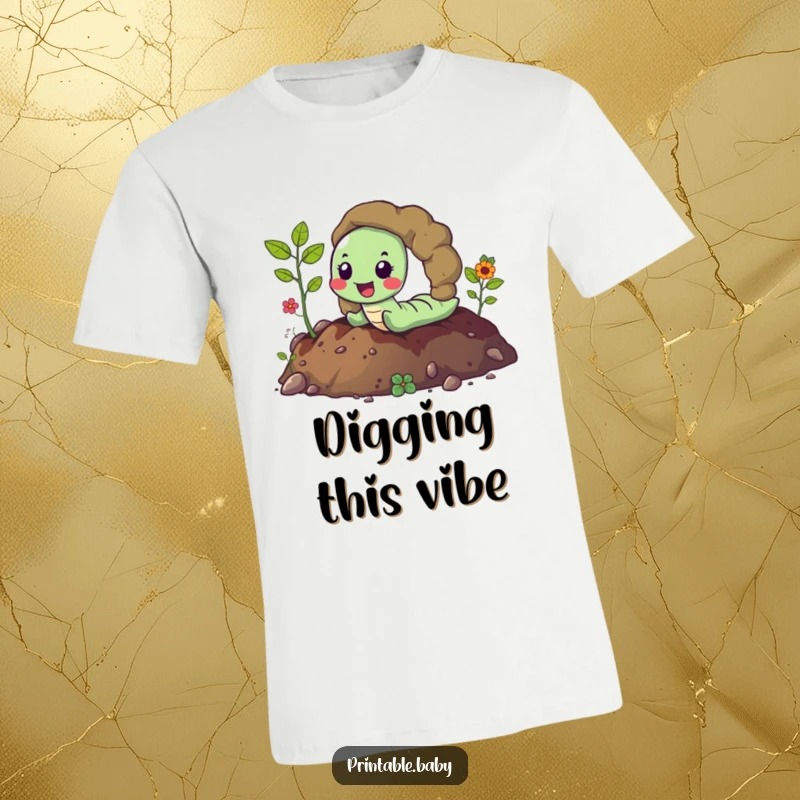 Funny happy worm joyfully tunneling through vibrant soil, leaving a clean path, a humorous t-shirt for earthy charm.