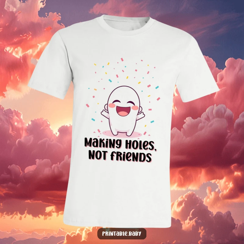 Funny t-shirt featuring a laughing hole punch character with confetti raining down, celebrating joyfully.