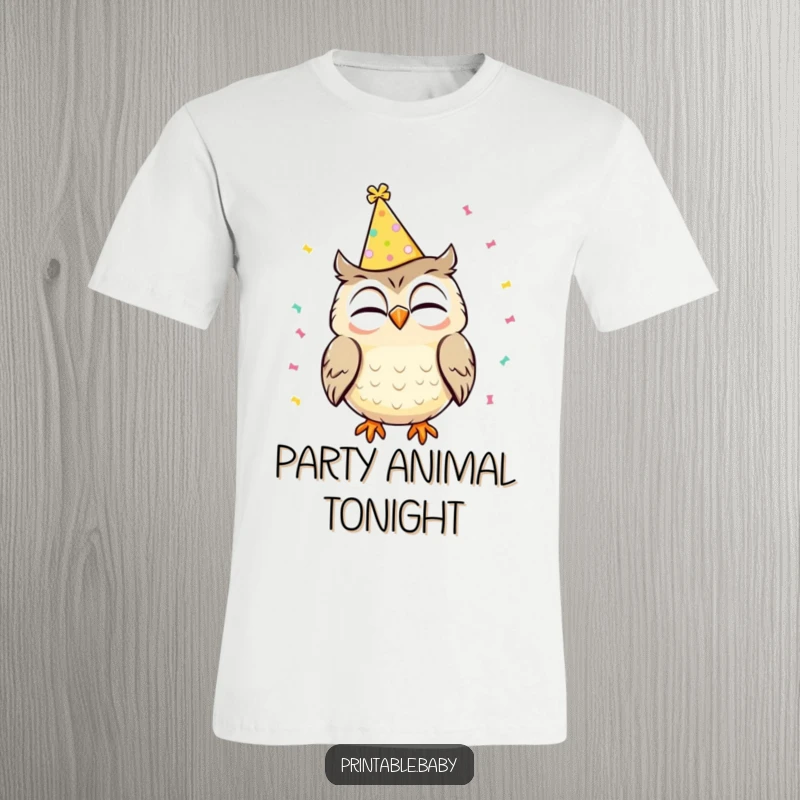 Funny T-shirt showing a giggling owl wearing a party hat with confetti falling, embodying pure festive celebration and fun.
