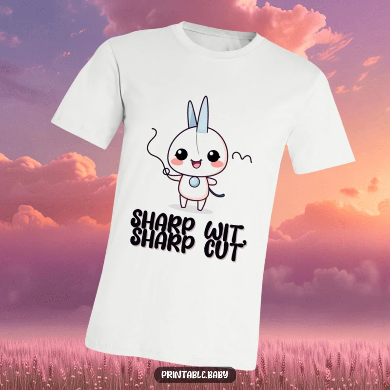 Funny scissors giggles t-shirt featuring excited scissors character snipping a wiggly line, a fun and humorous craft gift.