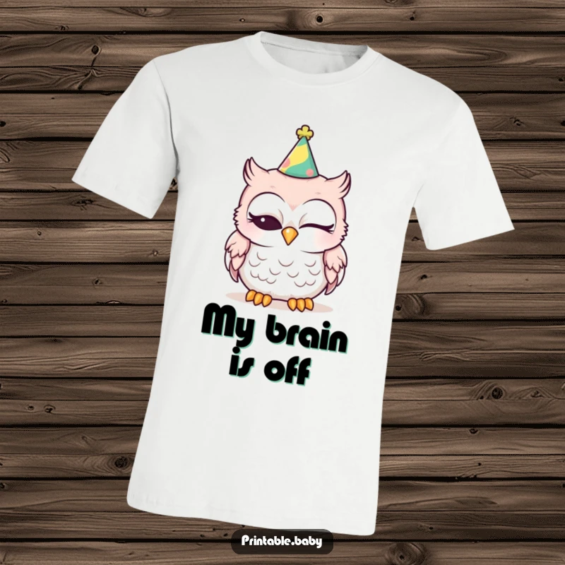 Funny sleepy baby owl in a party hat, one eye shut, looking adorable on a t-shirt, perfect humorous apparel.