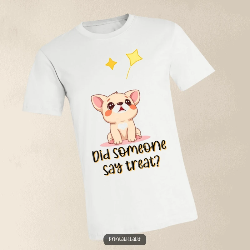 Funny t-shirt featuring a small, surprised dog cub looking upwards in awe at a bright falling star.