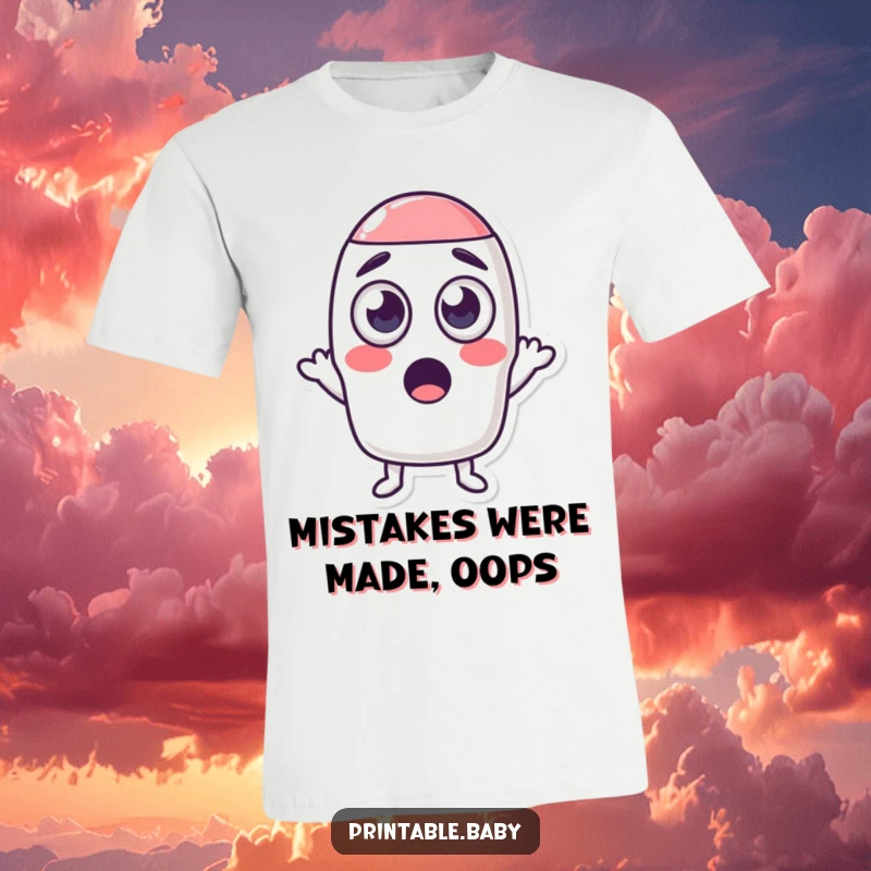 Funny t-shirt depicting a surprised, wide-eyed eraser character comically shrinking a geometric shape, perfect for art lovers and students.