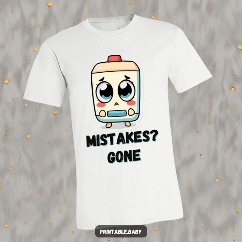 Funny Eraser T-Shirt: A surprised eraser character with big eyes reacts as a mistake is erased, symbolizing relief and humor.