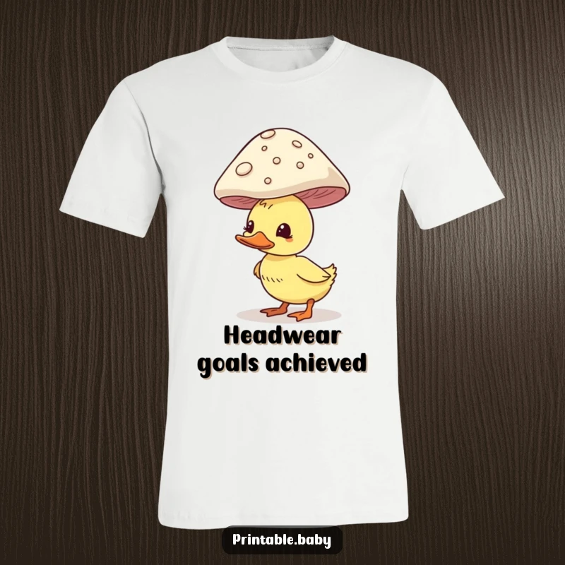 Funny duckling t-shirt, comically balancing a large mushroom on its head, a humorous woodland adventure.