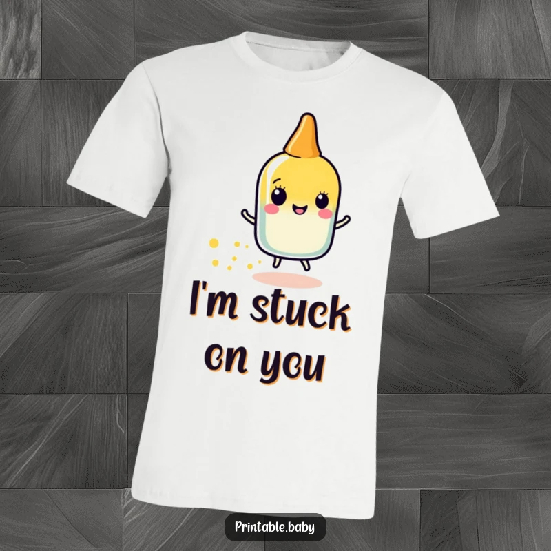 Funny glue stick sparkle t-shirt featuring a happy glue stick character leaving a trail of sparkly dots, a fun and creative gift.