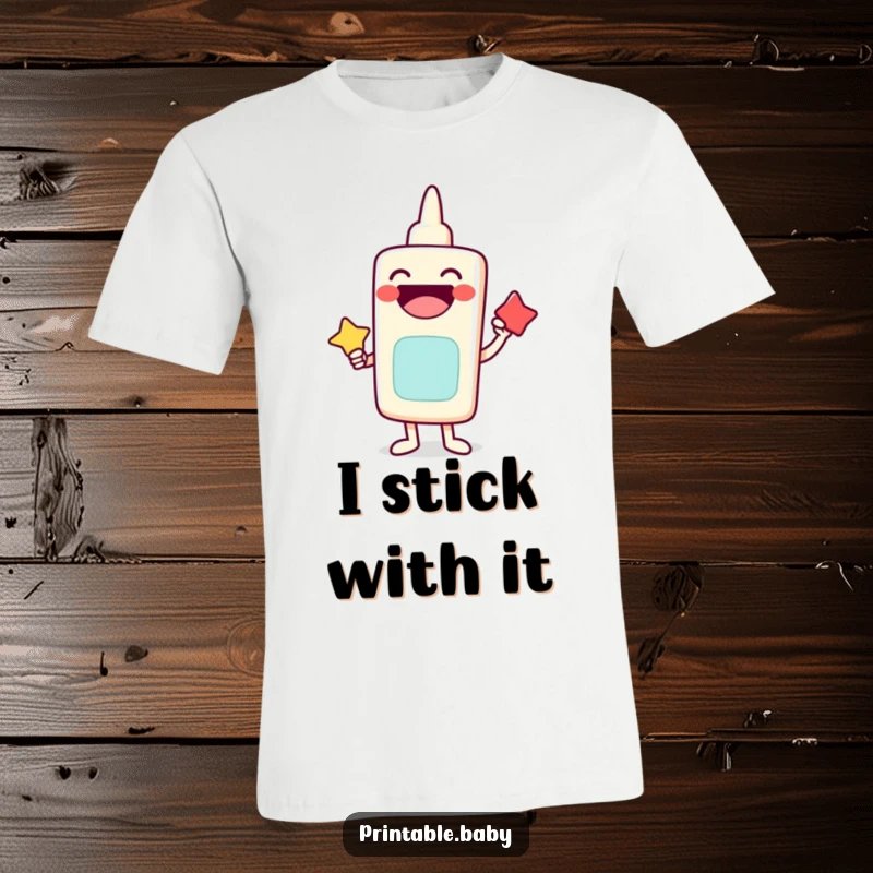 Funny t-shirt featuring a laughing glue stick character joyfully sticking two shapes, symbolizing unity and fun.