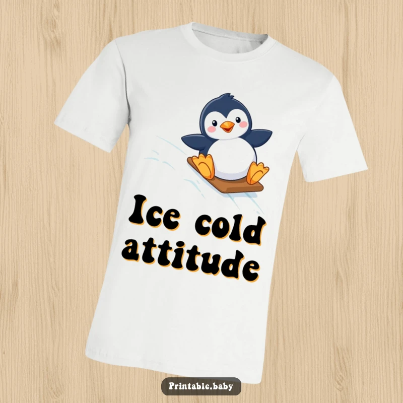 Funny t-shirt with a happy penguin mid-slide down a twinkling, icy slope, celebrating winter joy and adventurous spirit.