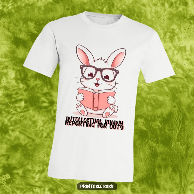 Funny t-shirt with a cheerful bunny in big glasses reading a book, celebrating intellectual humor and coziness.
