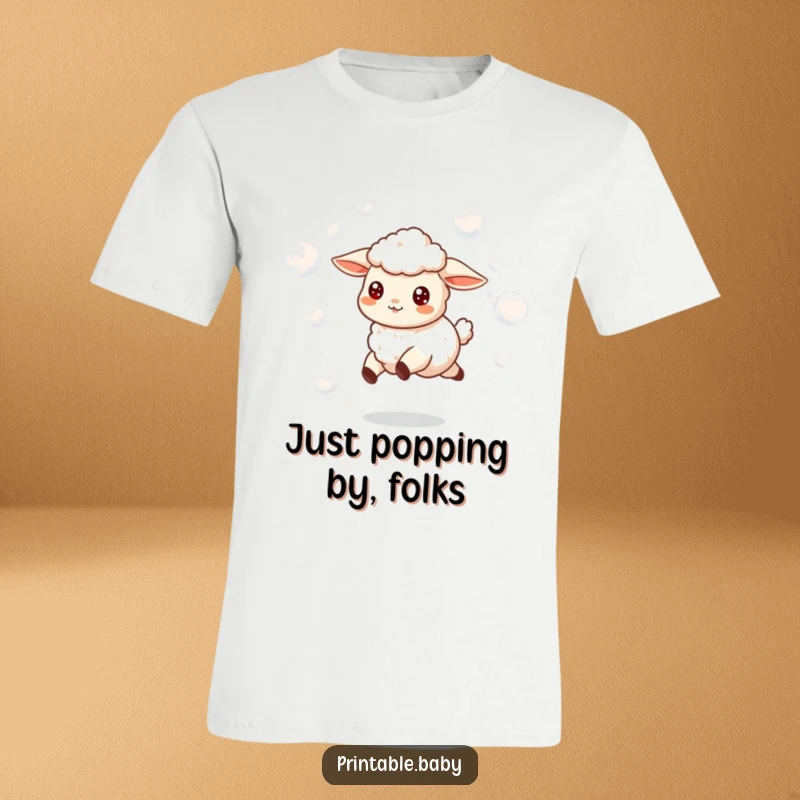 Funny t-shirt with a happy lamb skipping merrily surrounded by an abundance of floating, shimmering bubbles.