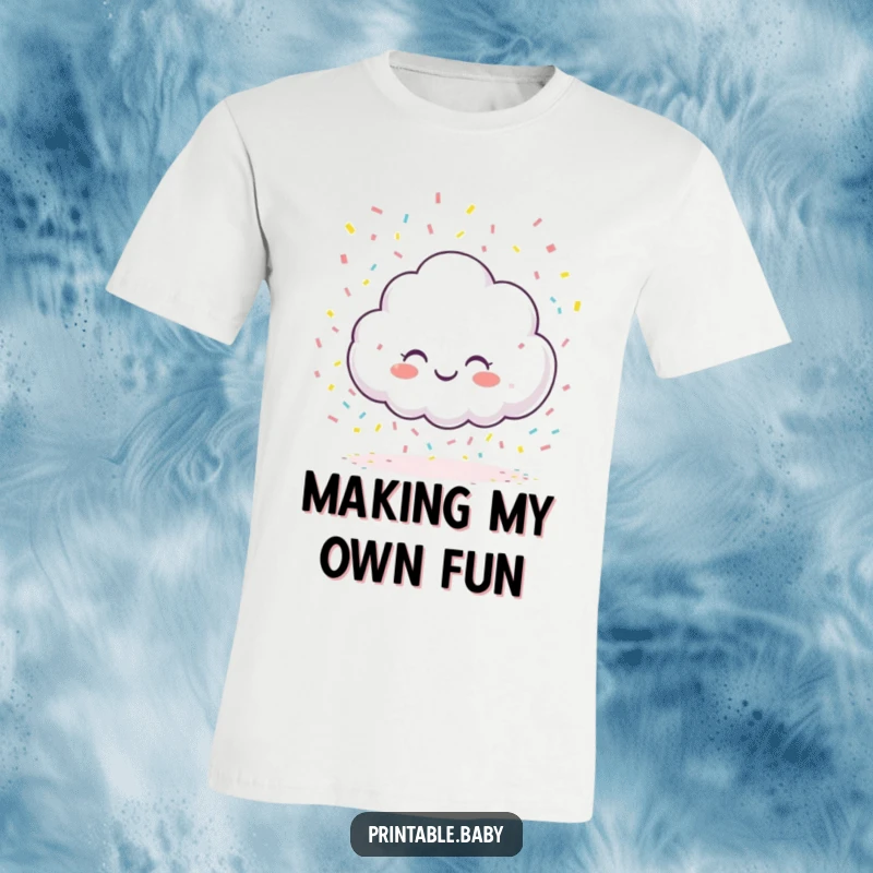 Funny giggling cloud character t-shirt, raining colorful confetti onto a blank page, ideal for expressing creativity and joy.
