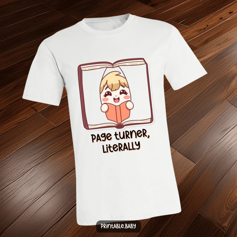 Funny T-Shirt featuring a happy book character peeking from pages, with a wide smile, perfect for book lovers.