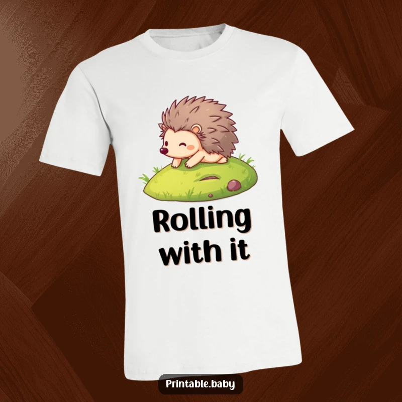Funny t-shirt showcasing a gleeful hedgehog tumbling down a lush green hill, embodying a moment of pure, unadulterated fun.
