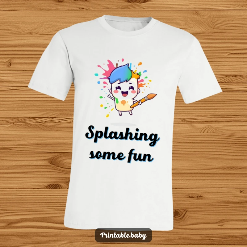 Funny paintbrush rainbow t-shirt featuring a cheerful paintbrush character splattering rainbow colors, a vibrant and humorous gift.