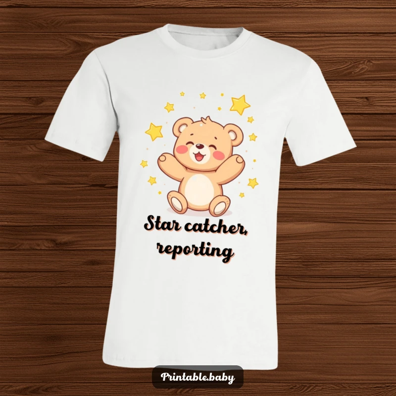 Funny teddy bear t-shirt, a delighted teddy bear happily catching falling, sparkling stars.