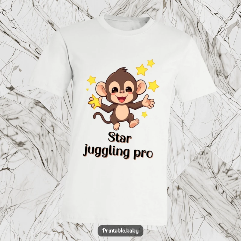 Funny t-shirt with a mischievous monkey juggling bright, glowing stars, a humorous and energetic celestial scene.