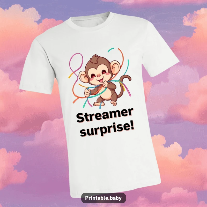 Funny monkey t-shirt showcasing a playful monkey hilariously tangled in colorful streamers, perfect for party vibes.