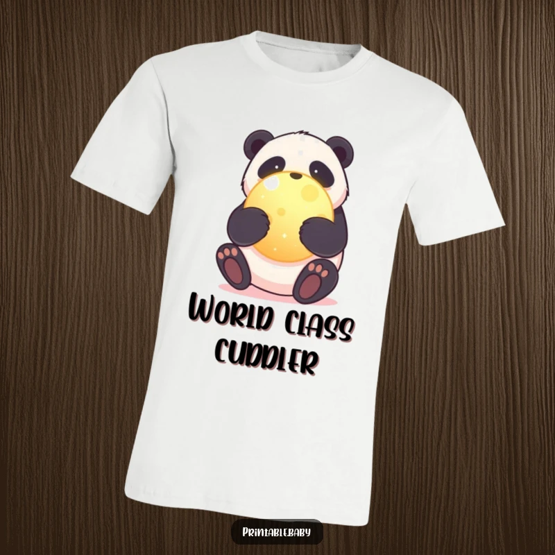 Funny t-shirt showcasing a sweet panda bear hugging a luminous, round planet, promoting environmental awareness with humor.