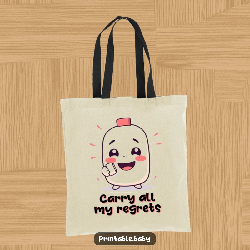 Funny tote bag with a mischievous eraser character happily erasing a funny face, practical and humorous.