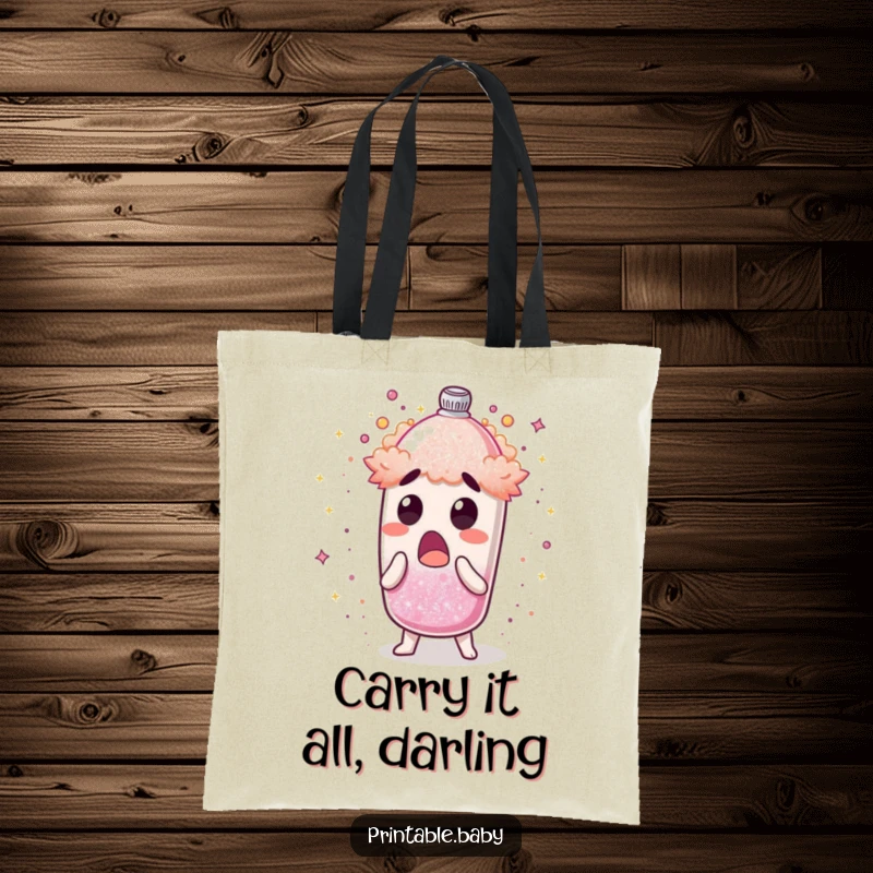 Funny tote bag with a surprised glitter shaker character erupting shimmering dust, perfect for carrying essentials with flair.