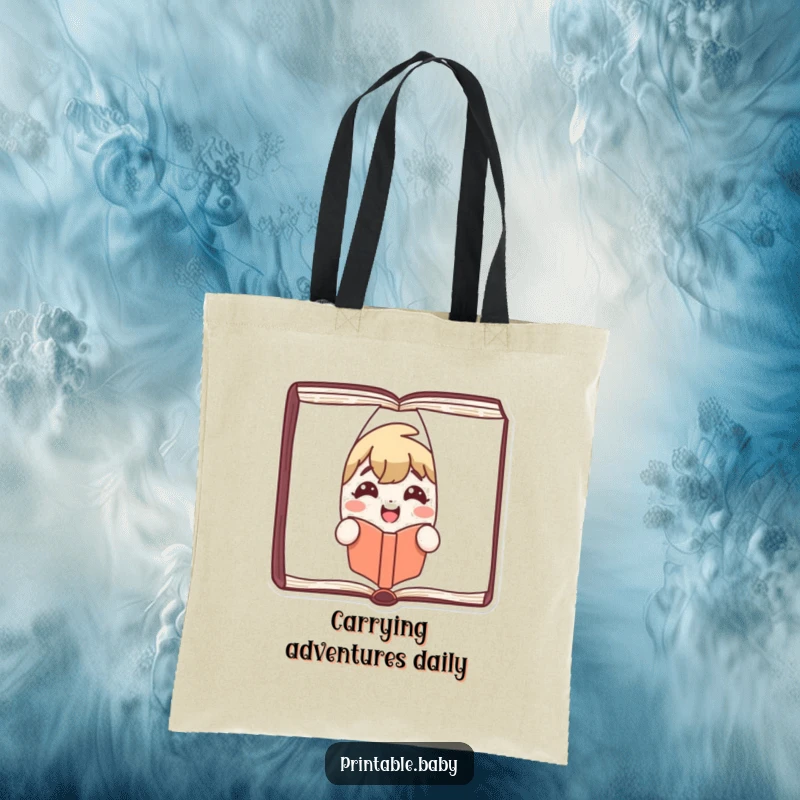 Funny Tote Bag showcasing a happy book character peeking out from between pages, smiling broadly, a reader's essential.