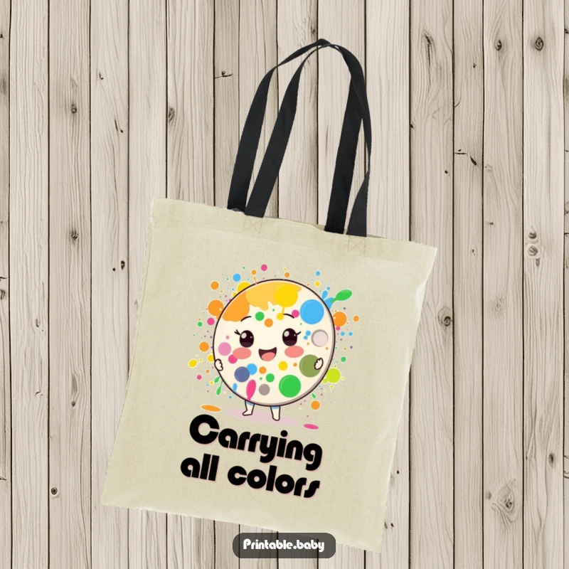 Funny Paint Palette Tote Bag: A cheerful paint palette character splattering colors, designed for carrying essentials with artistic flair.