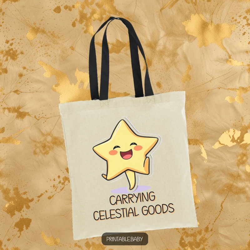 Funny tote bag with a laughing star sticker character performing a cartwheel on textured paper.