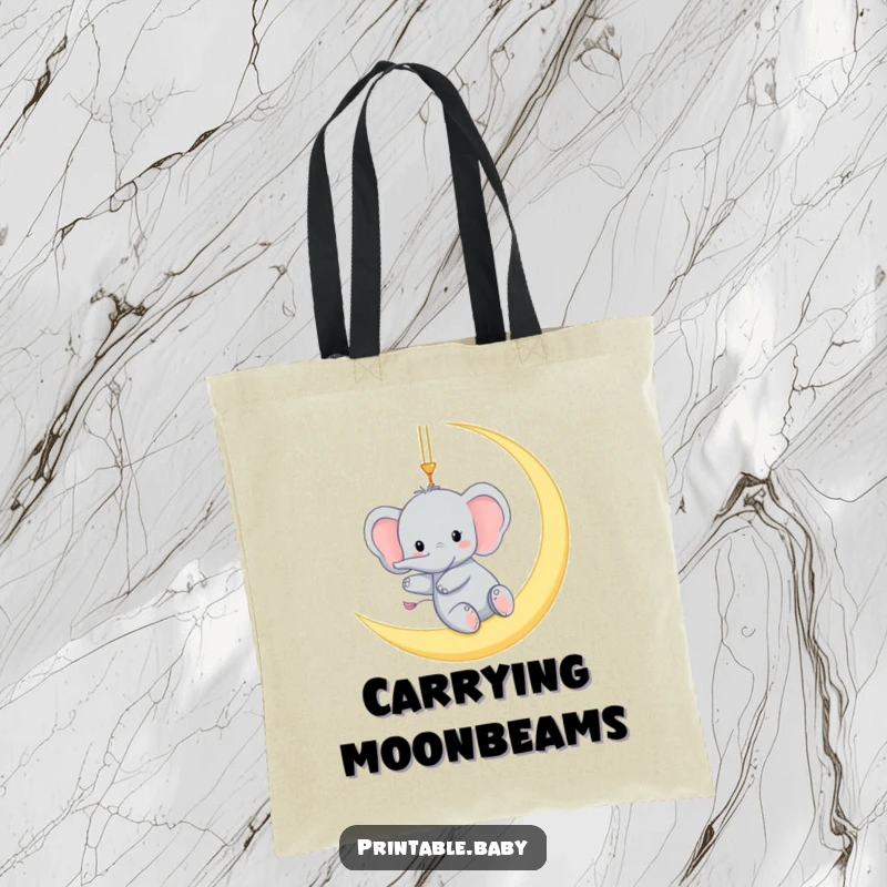 Funny tote bag featuring a tiny elephant gleefully swinging from a crescent moon, a humorous and stylish accessory for lunar lovers.