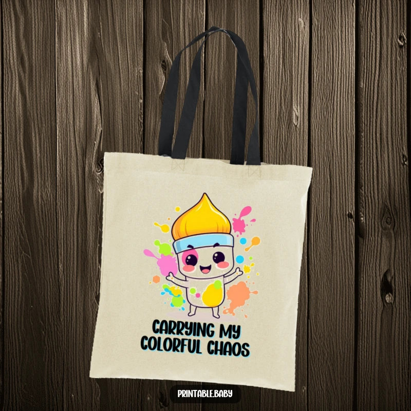 Funny Paintbrush Tote Bag: Spacious tote featuring a mischievous paintbrush splashing vibrant colors with a smirk, perfect for artists.