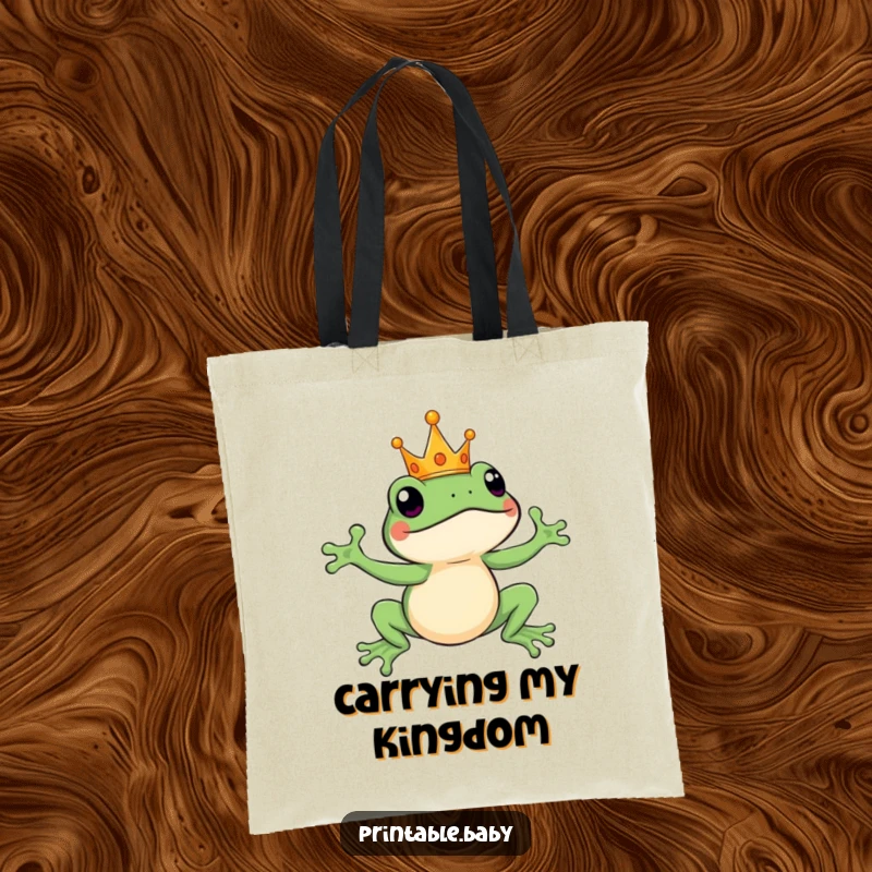 Funny leaping frog wearing a tiny crown, mid-jump, a humorous tote bag for carrying essentials royally.