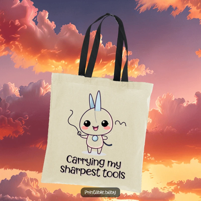 Funny scissors giggles tote bag with an excited scissors character snipping a wiggly line, ideal for carrying craft supplies.