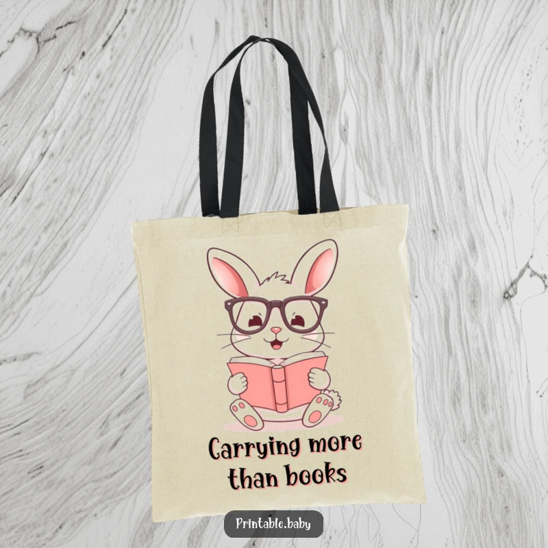 Funny tote bag featuring a cheerful bunny with oversized glasses reading a book, perfect for carrying literary essentials.