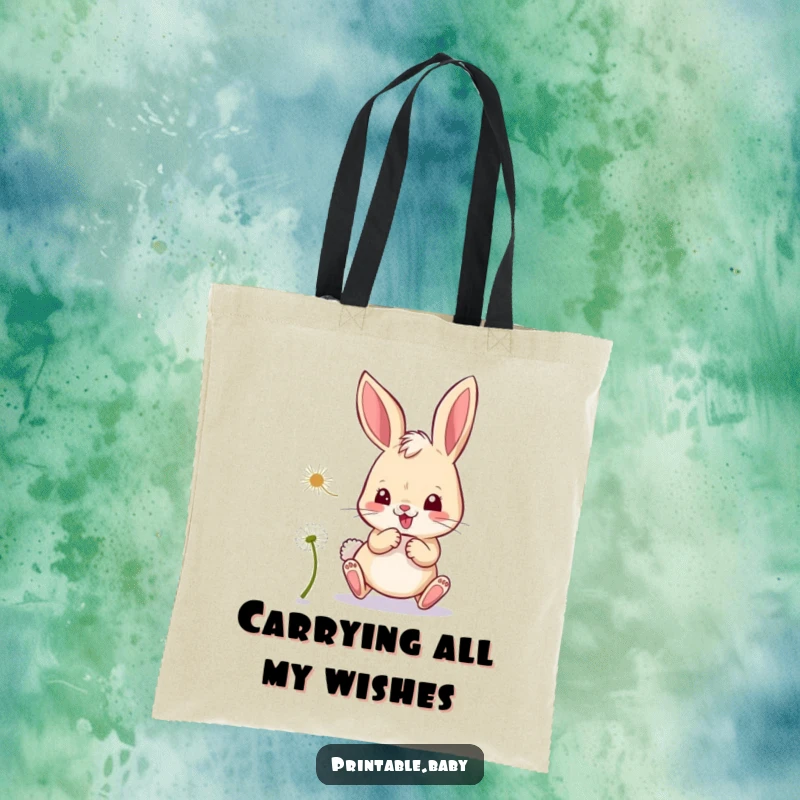 Funny bunny tote bag, a mischievous bunny playfully chasing a dandelion seed, charming accessory.