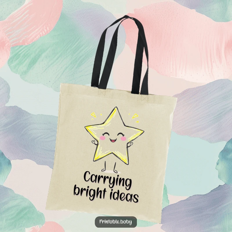 Funny crayon star tote bag with a smiling crayon character drawing a star, ideal for carrying art supplies.