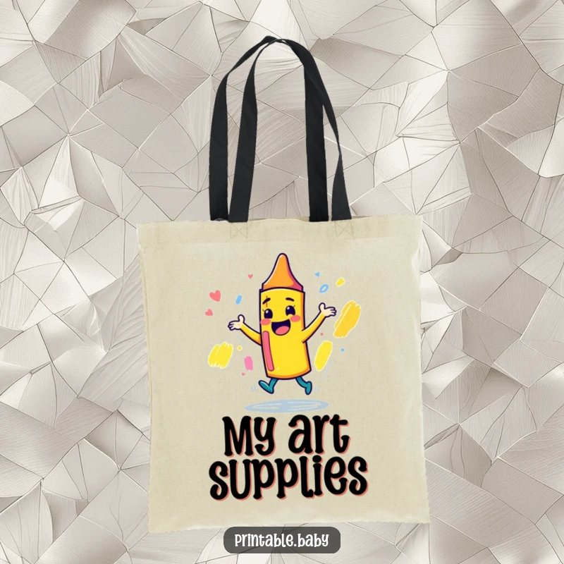 Funny playful crayon character tote bag, dancing joyfully around a sketchbook, ideal for carrying art supplies with a cheerful vibe.