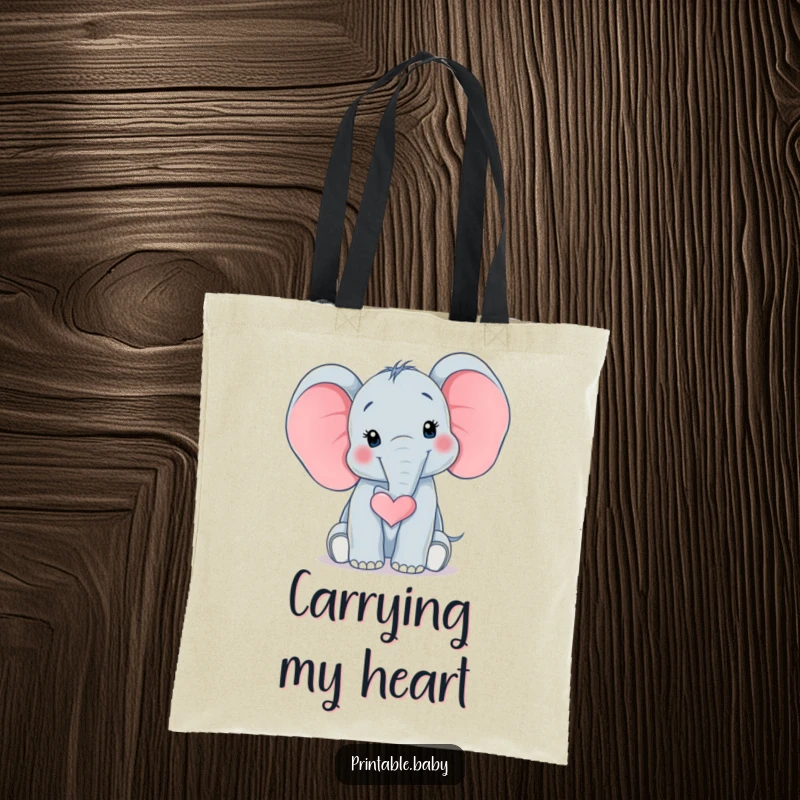 Funny Elephant Heart Tote Bag showcasing a surprised baby elephant with its trunk curled into a heart shape, perfect for carrying necessities with love.