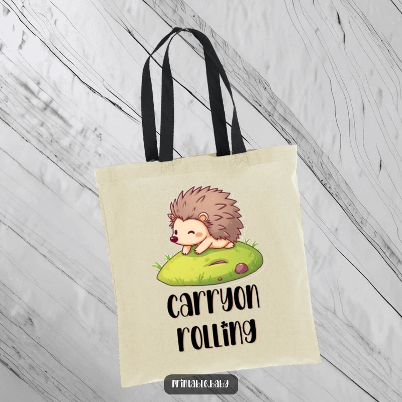 Funny tote bag depicting a cheerful hedgehog in mid-roll down a green hill, embodying a spirit of playful abandon.