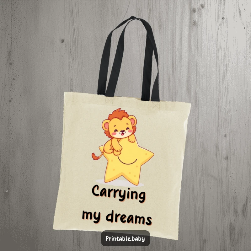 Funny tote bag with a brave lion cub climbing a giant, smiling star, symbolizing ambition and the journey of dreams.